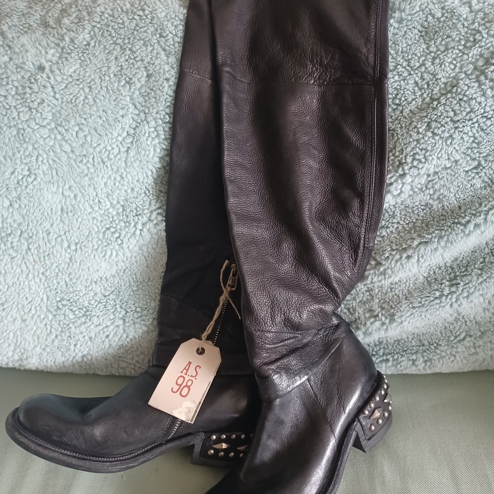 A.S.98 Black Leather Heeled Boots with Stud Accents